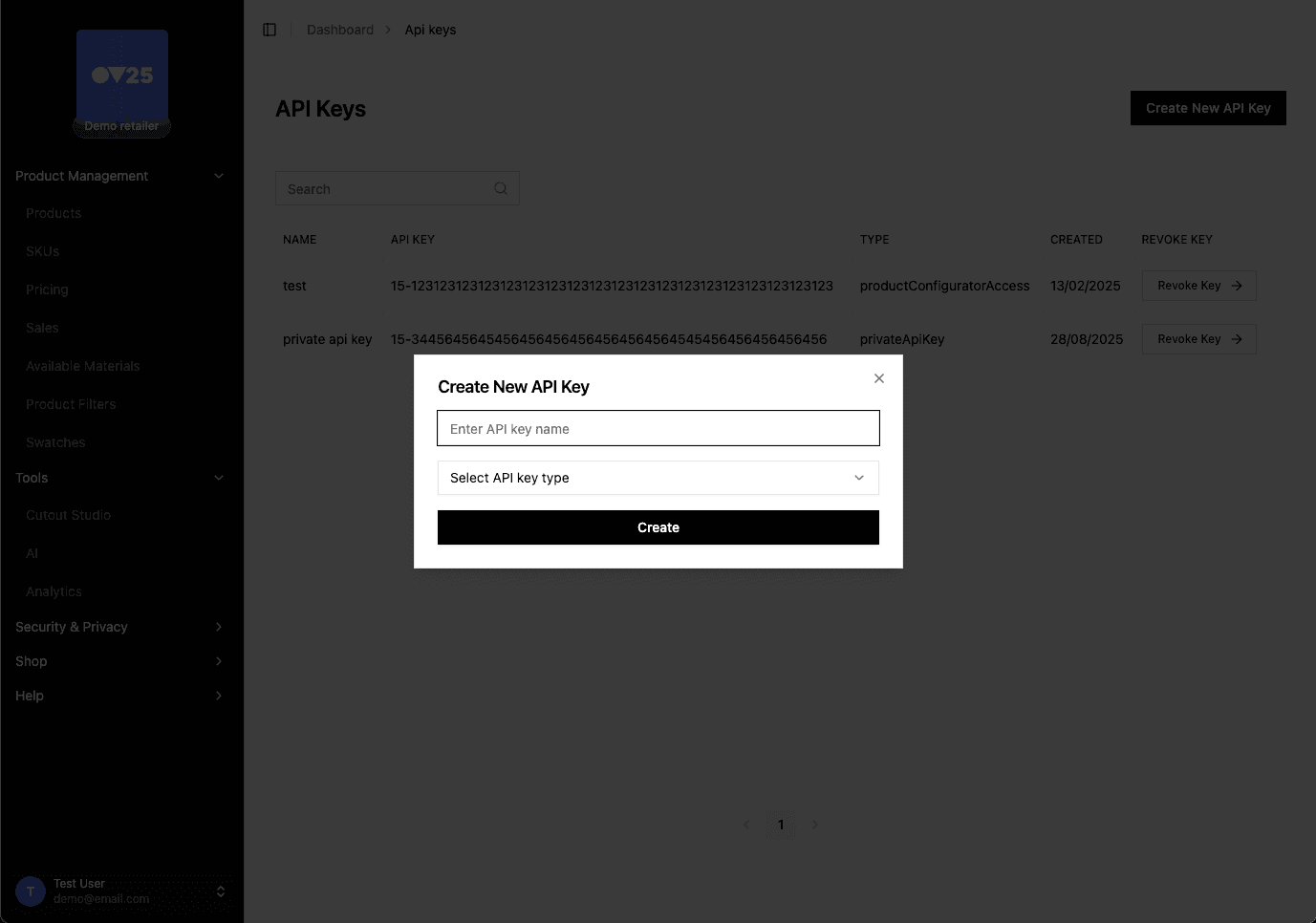 API Keys Page