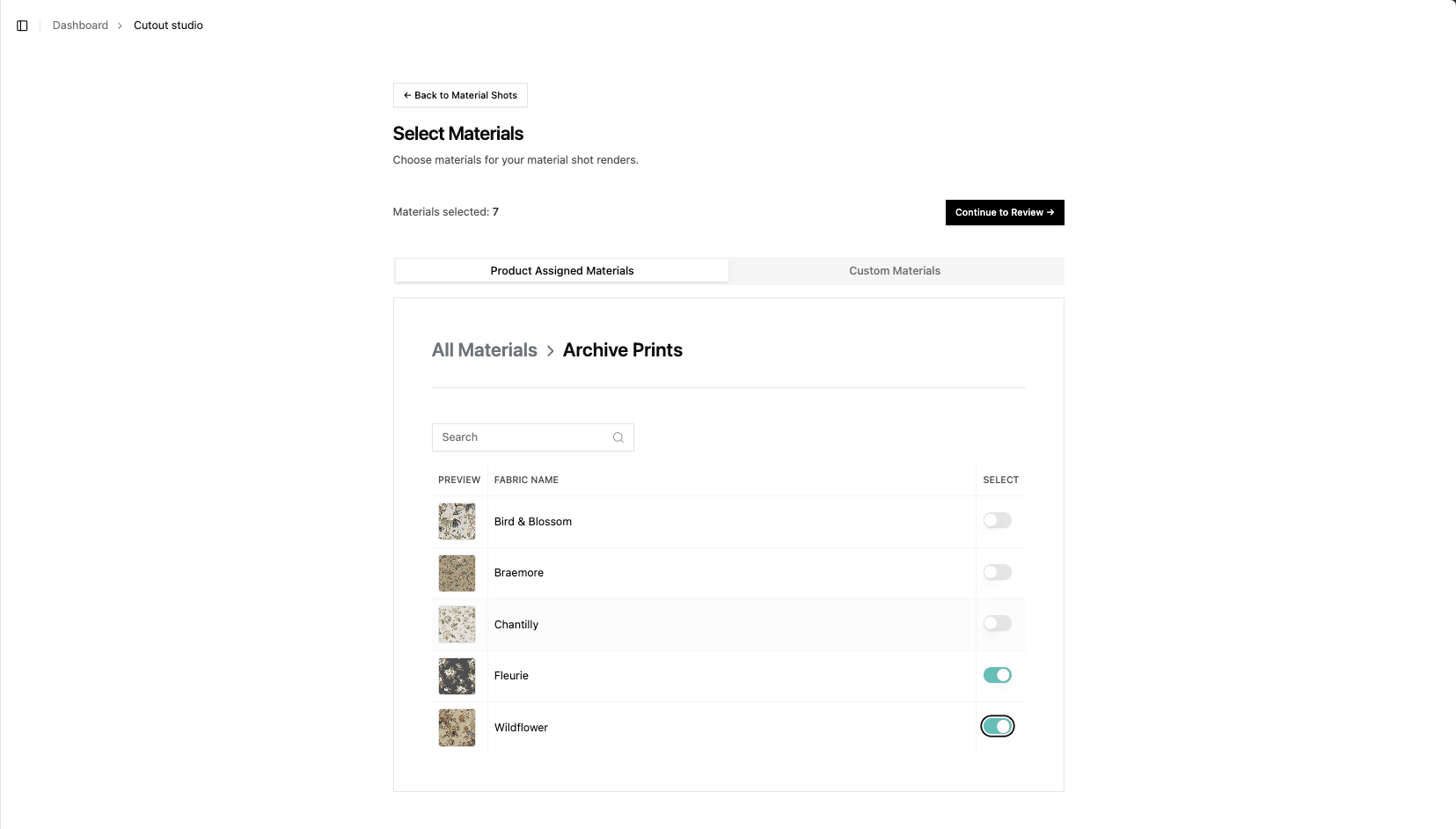 Select your materials