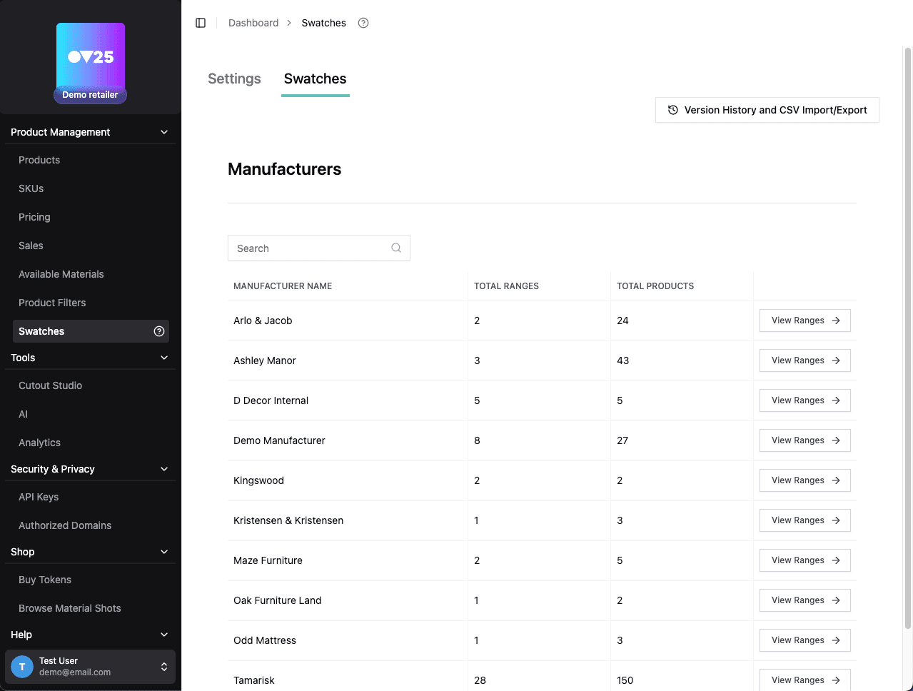 Swatches Manufacturer Selection